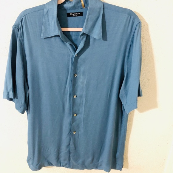 Brandini 100% Silk Blue Button Up Shirt Size Large - Picture 1 of 4
